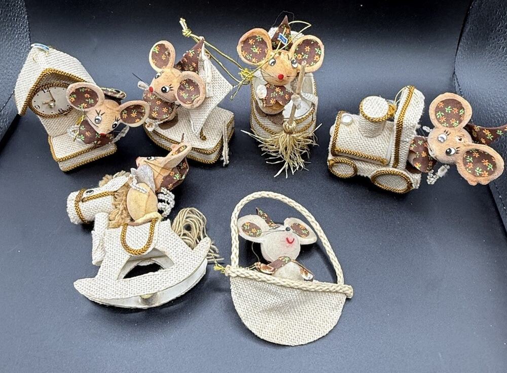 6 Vtg 1960’s Christmas Mouse Ornaments Figurine Felt Flocked Calico JAPAN -LO19